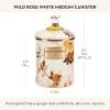 MACKENZIE-CHILDS Enamel Canister, Kitchen Storage Container with Lid, Medium, 48-Ounce Capacity, Wild Rose Mauve(White Wild Rose)