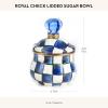 MACKENZIE-CHILDS Enamel Lidded Sugar Bowl, Small Serving Bowl with Lid, 10-Ounce Capacity, Light-Blue-and-White Sky Check(Royal Check)