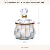 MACKENZIE-CHILDS Enamel Lidded Sugar Bowl, Small Serving Bowl with Lid, 10-Ounce Capacity, Light-Blue-and-White Sky Check(Sterling Check)