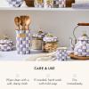 MACKENZIE-CHILDS Enamel Squashed Pot, Enamelware Storage Canister with Lid, 20-Ounce Capacity, Light-Blue-and-White Sky Check(Violet Check)