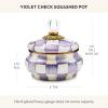 MACKENZIE-CHILDS Enamel Squashed Pot, Enamelware Storage Canister with Lid, 20-Ounce Capacity, Light-Blue-and-White Sky Check(Violet Check)
