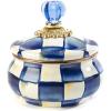 MACKENZIE-CHILDS Enamel Squashed Pot, Enamelware Storage Canister with Lid, 20-Ounce Capacity, Light-Blue-and-White Sky Check(Royal Check)
