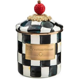 MACKENZIE-CHILDS Enamel Canister, Kitchen Storage Container with Lid, Demi, 24-Ounce Capacity, Light-Blue-and-White Sky Check(Courtly Check)