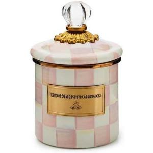 MACKENZIE-CHILDS Enamel Canister, Kitchen Storage Container with Lid, Demi, 24-Ounce Capacity, Light-Blue-and-White Sky Check(Rosy Check)