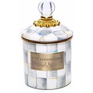 MACKENZIE-CHILDS Enamel Canister, Kitchen Storage Container with Lid, Demi, 24-Ounce Capacity, Light-Blue-and-White Sky Check(Sterling Check)