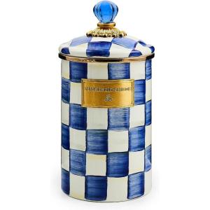 MACKENZIE-CHILDS Enamel Canister, Kitchen Storage Container with Lid, Large, 64-Ounce Capacity, Light-Blue-and-White Sky Check(Royal Check)