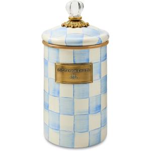 MACKENZIE-CHILDS Enamel Canister, Kitchen Storage Container with Lid, Large, 64-Ounce Capacity, Light-Blue-and-White Sky Check(Sky Check)