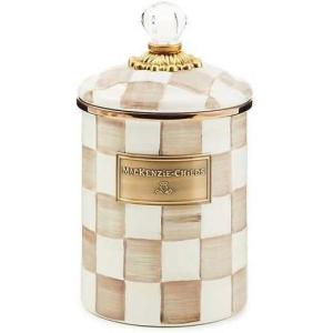 MACKENZIE-CHILDS Enamel Canister, Kitchen Storage Container with Lid, Medium, 48-Ounce Capacity, Light-Blue-and-White Sky Check(Mocha Check)