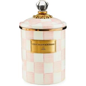 MACKENZIE-CHILDS Enamel Canister, Kitchen Storage Container with Lid, Medium, 48-Ounce Capacity, Light-Blue-and-White Sky Check(Rosy Check)