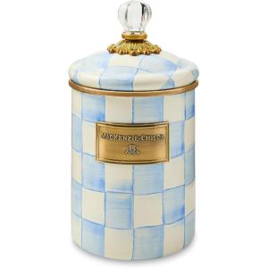 MACKENZIE-CHILDS Enamel Canister, Kitchen Storage Container with Lid, Medium, 48-Ounce Capacity, Light-Blue-and-White Sky Check(Sky Check)