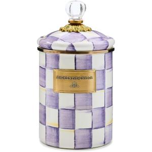 MACKENZIE-CHILDS Enamel Canister, Kitchen Storage Container with Lid, Medium, 48-Ounce Capacity, Light-Blue-and-White Sky Check(Violet Check)
