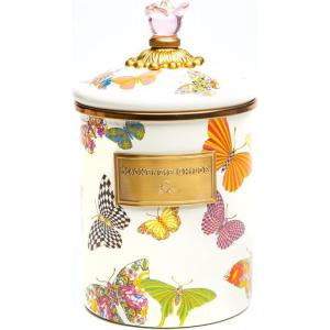 MACKENZIE-CHILDS Enamel Canister, Kitchen Storage Container with Lid, Medium, 48-Ounce Capacity, Wild Rose Mauve(Butterfly Garden)