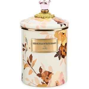MACKENZIE-CHILDS Enamel Canister, Kitchen Storage Container with Lid, Medium, 48-Ounce Capacity, Wild Rose Mauve(White Wild Rose)