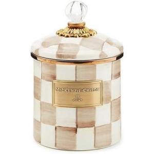MACKENZIE-CHILDS Enamel Canister, Kitchen Storage Container with Lid, Small, 38-Ounce Capacity, Light-Blue-and-White Sky Check(Mocha Check)