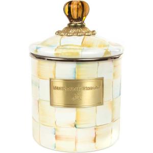 MACKENZIE-CHILDS Enamel Canister, Kitchen Storage Container with Lid, Small, 38-Ounce Capacity, Light-Blue-and-White Sky Check(Parchment Check)