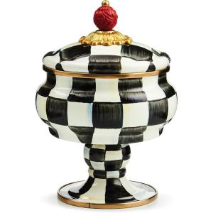 MACKENZIE-CHILDS Enamel Curiosity Pot, Decorative Container for Home Decor, Light-Blue-and-White Sky Check(Courtly Check)