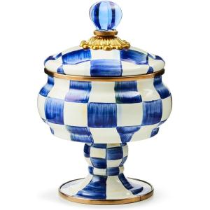 MACKENZIE-CHILDS Enamel Curiosity Pot, Decorative Container for Home Decor, Light-Blue-and-White Sky Check(Royal Check)