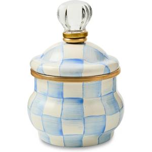 MACKENZIE-CHILDS Enamel Lidded Sugar Bowl, Small Serving Bowl with Lid, 10-Ounce Capacity, Light-Blue-and-White Sky Check(Sky Check)