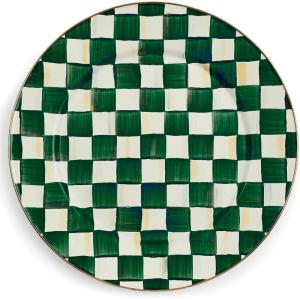 MACKENZIE-CHILDS Enamel Serving Platter, Decorative Serving Platter for Food, 16 Inches, Wild Rose Mauve(Emerald Check)