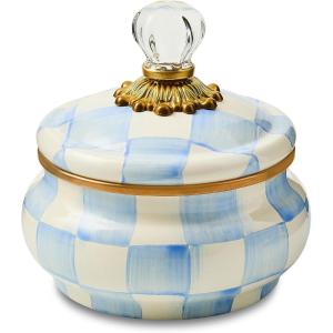 MACKENZIE-CHILDS Enamel Squashed Pot, Enamelware Storage Canister with Lid, 20-Ounce Capacity, Light-Blue-and-White Sky Check(Sky Check)