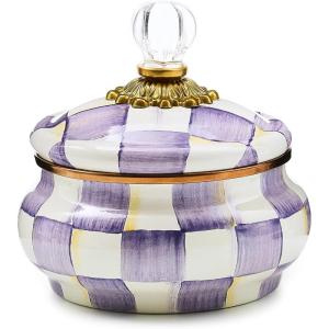 MACKENZIE-CHILDS Enamel Squashed Pot, Enamelware Storage Canister with Lid, 20-Ounce Capacity, Light-Blue-and-White Sky Check(Violet Check)