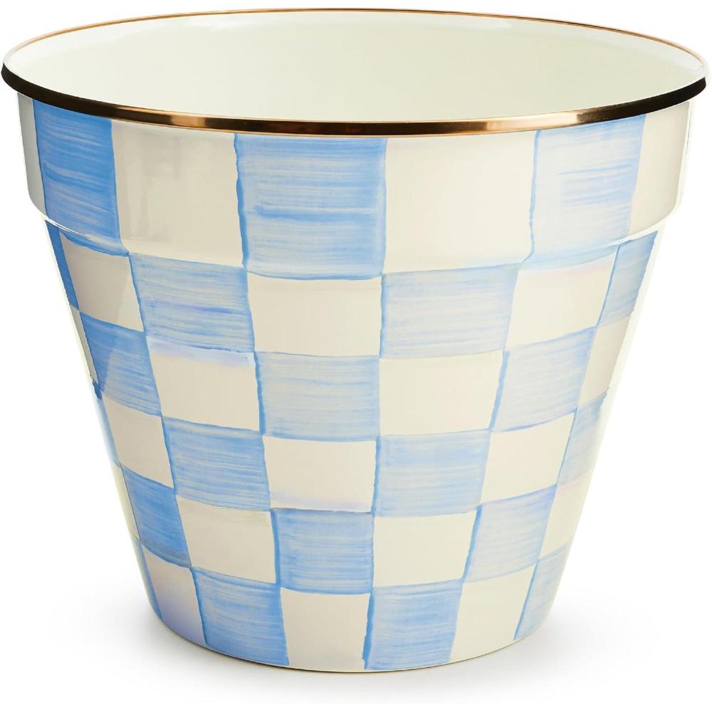 image:imageMACKENZIECHILDS Enamel Garden Pot Planting Pot for Plants and Flowers ExtraLarge BlackandWhite Courtly CheckSky Check