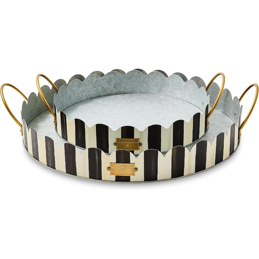 image:imageMACKENZIECHILDS Set of 2 Galvanized Metal Serving Trays with Handles BlackandWhite Courtly StripeCourtly Stripe