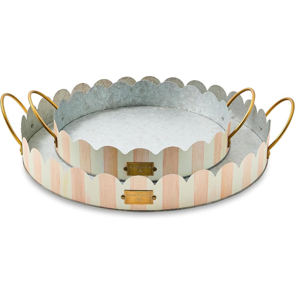 image:imageMACKENZIECHILDS Set of 2 Galvanized Metal Serving Trays with Handles BlackandWhite Courtly StripeRosy Stripe