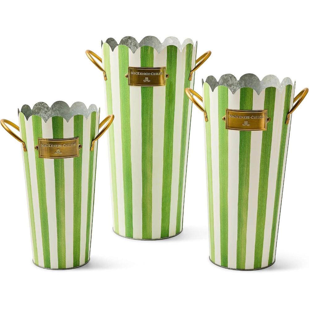 image:imageMACKENZIECHILDS Set of 3 Galvanized Flower Buckets Decorative Metal Buckets GreenandWhite Grass Green StripeGrass Green Stripe