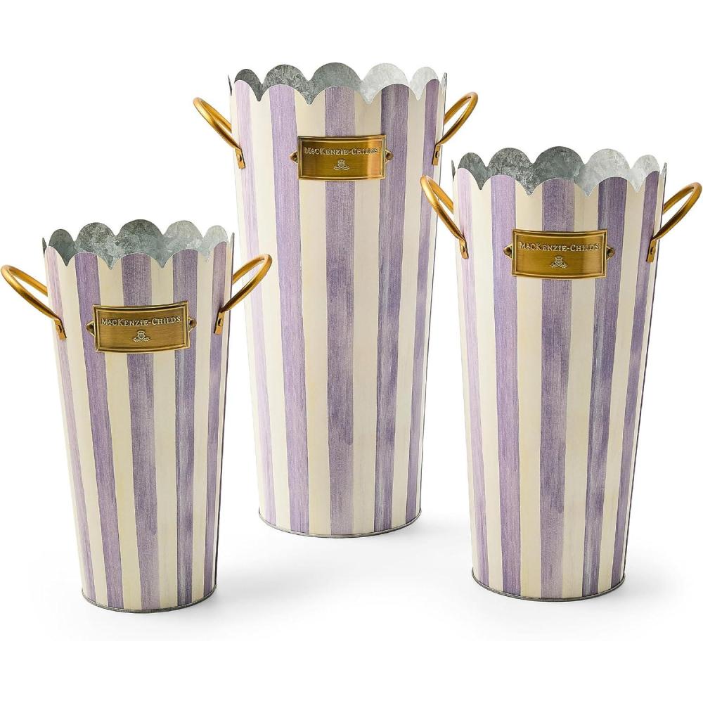 image:imageMACKENZIECHILDS Set of 3 Galvanized Flower Buckets Decorative Metal Buckets GreenandWhite Grass Green StripeViolet Stripe