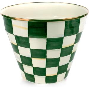 MACKENZIE-CHILDS Enamel Garden Pot, Planting Pot for Plants and Flowers, Extra-Large, Black-and-White Courtly Check(Emerald Check)
