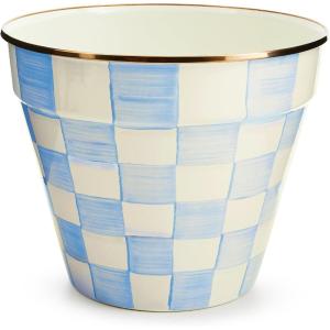 MACKENZIE-CHILDS Enamel Garden Pot, Planting Pot for Plants and Flowers, Extra-Large, Black-and-White Courtly Check(Sky Check)