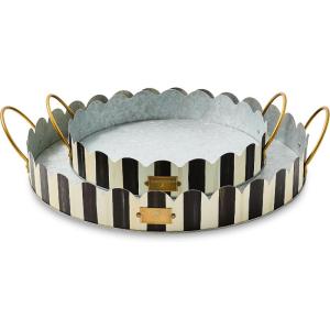 MACKENZIE-CHILDS Set of 2 Galvanized Metal Serving Trays with Handles, Black-and-White Courtly Stripe(Courtly Stripe)