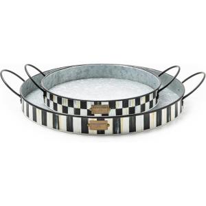 MACKENZIE-CHILDS Set of 2 Galvanized Metal Serving Trays with Handles, Black-and-White Courtly Stripe(Spectator)