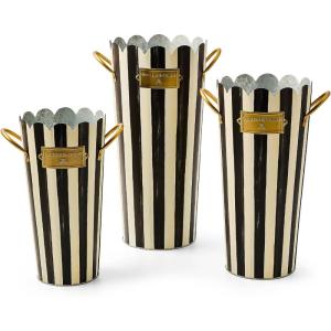 MACKENZIE-CHILDS Set of 3 Galvanized Flower Buckets, Decorative Metal Buckets, Green-and-White Grass Green Stripe(Courtly Stripe)
