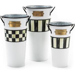 MACKENZIE-CHILDS Set of 3 Galvanized Flower Buckets, Decorative Metal Buckets, Green-and-White Grass Green Stripe(Galvanized Spectator)