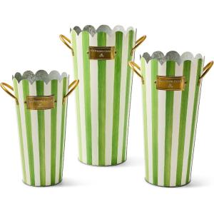 MACKENZIE-CHILDS Set of 3 Galvanized Flower Buckets, Decorative Metal Buckets, Green-and-White Grass Green Stripe(Grass Green Stripe)
