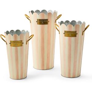 MACKENZIE-CHILDS Set of 3 Galvanized Flower Buckets, Decorative Metal Buckets, Green-and-White Grass Green Stripe(Rosy Stripe)