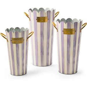 MACKENZIE-CHILDS Set of 3 Galvanized Flower Buckets, Decorative Metal Buckets, Green-and-White Grass Green Stripe(Violet Stripe)