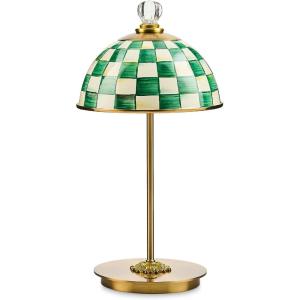 MACKENZIE-CHILDS LED Rechargeable Dome Table Lamp, Cordless Decorative Lamp, Black-and-White Courtly Check(Emerald Check)