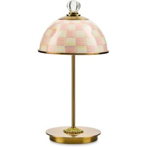MACKENZIE-CHILDS LED Rechargeable Dome Table Lamp, Cordless Decorative Lamp, Black-and-White Courtly Check(Rosy Check)