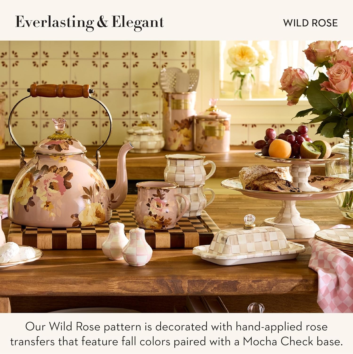 image:imageMACKENZIECHILDS Enamel Pedestal Platter Round Cake Stand Mini Wild Rose SlateMauve Wild Rose