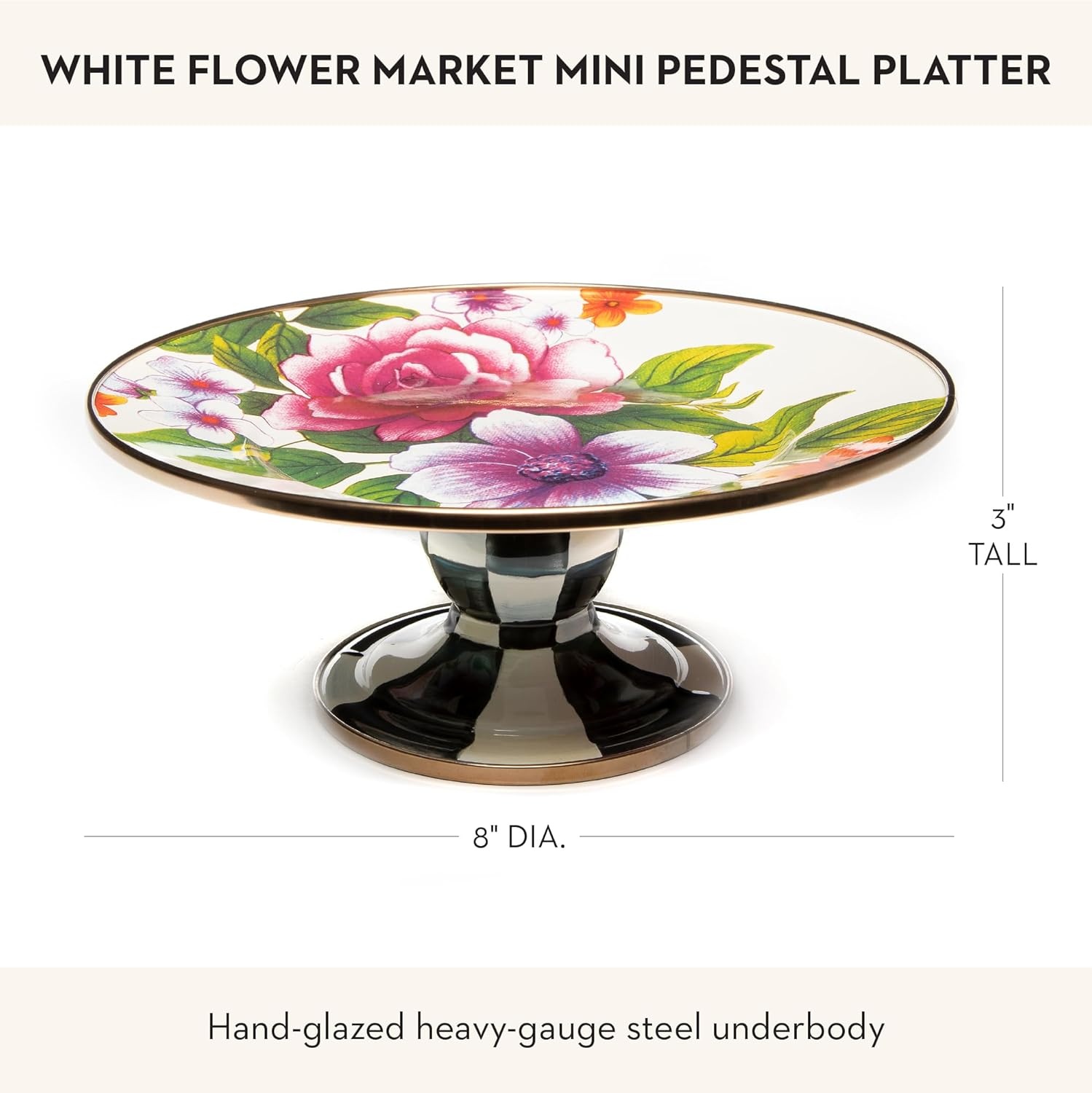 image:imageMACKENZIECHILDS Enamel Pedestal Platter Round Cake Stand Mini Wild Rose SlateWhite
