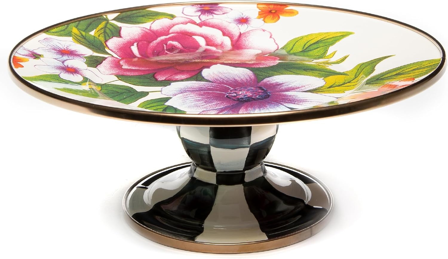 image:imageMACKENZIECHILDS Enamel Pedestal Platter Round Cake Stand Mini Wild Rose SlateWhite