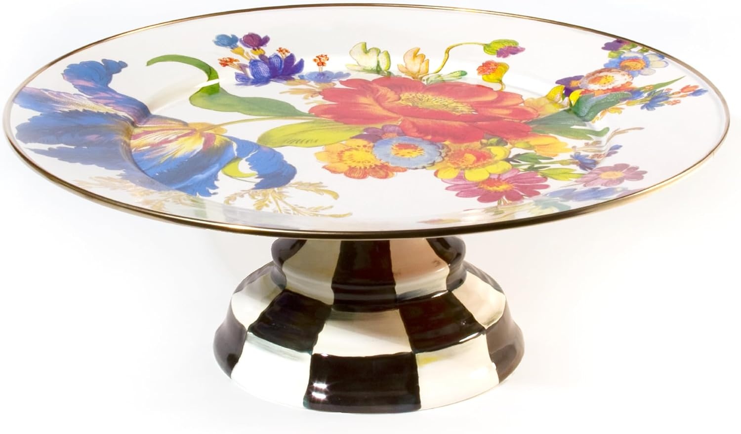 image:imageMACKENZIECHILDS Enamel Pedestal Platter Round Cake Stand Mini Wild Rose SlateWhite