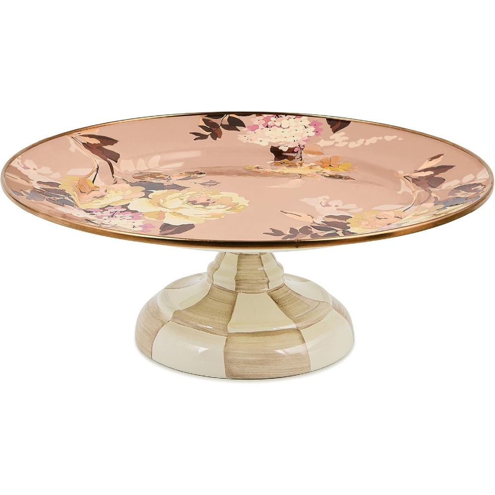 image:imageMACKENZIECHILDS Enamel Pedestal Platter Round Cake Stand Mini Wild Rose SlateMauve Wild Rose