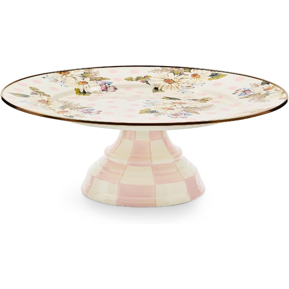 image:imageMACKENZIECHILDS Enamel Pedestal Platter Round Cake Stand Mini Wild Rose SlatePink Wildflowers