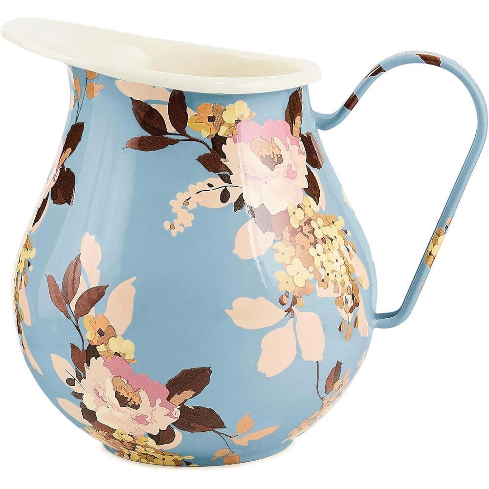 image:imageMACKENZIECHILDS Enamel Pitcher with Spout Decorative Water Pitcher 3 Quarts Wild Rose MauveSlate Wild Rose