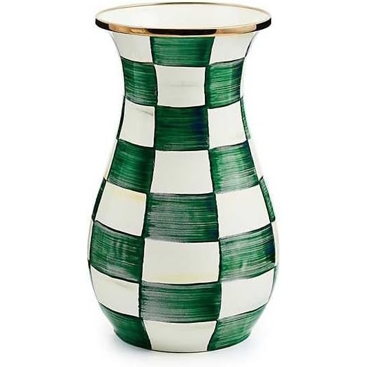 image:imageMACKENZIECHILDS Tall Enamel Vase Unique Flower Vase Decor for Living Room Wild Rose SlateEmerald Check