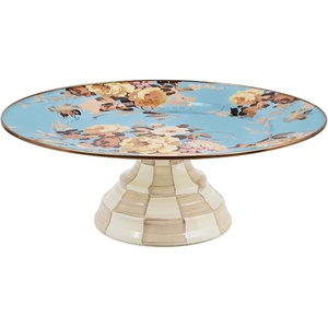 MACKENZIE-CHILDS Enamel Pedestal Platter, Round Cake Stand, Mini, Wild Rose Slate(Blue-gray  Brown)